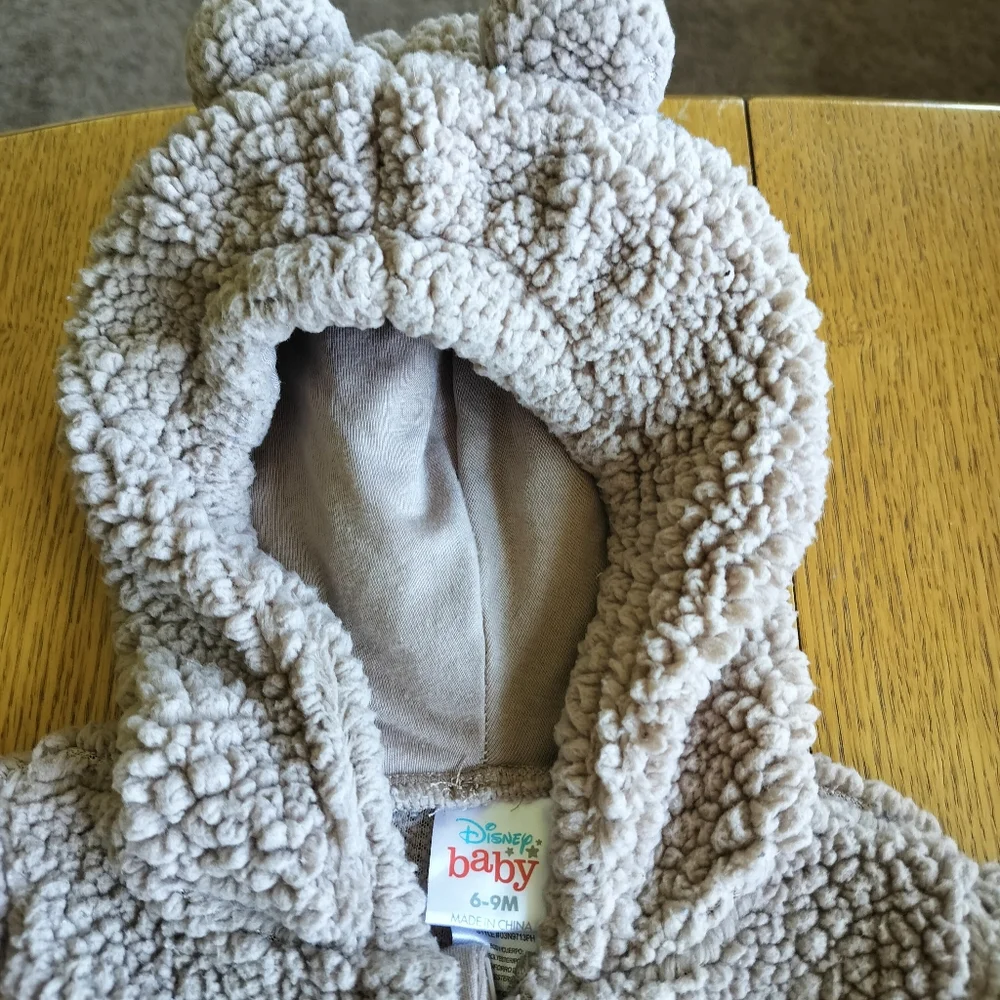 Disney Baby Pooh Brown Fuzzy Hooded Infant one piece  6-9 Months